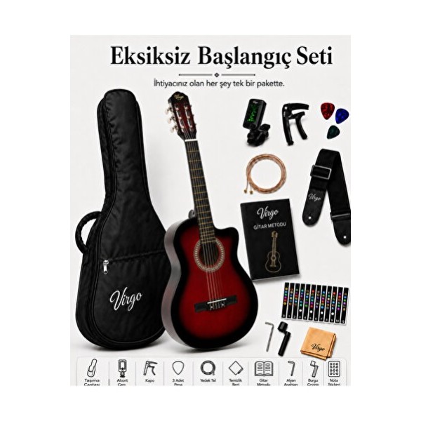 Virgo Desdemona CW-39RDS 4/4 Sap Ayarlı Klasik Gitar Full Set - Kırmızı