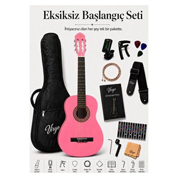 Virgo Desdemona CL-39PK 4/4 Sap Ayarlı Klasik Gitar Full Set - Pembe