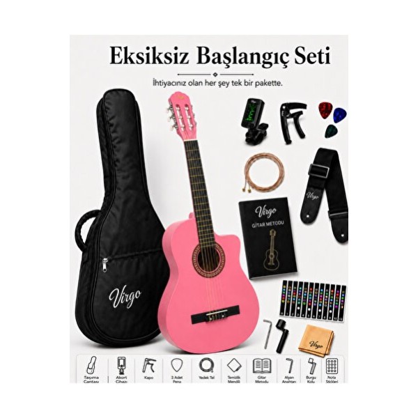 Virgo Desdemona CW-39PK 4/4 Sap Ayarlı Klasik Gitar Full Set - Pembe