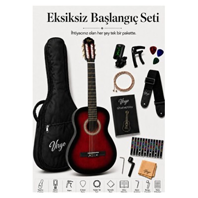 Virgo Desdemona CL-39RDS 4/4 Sap Ayarlı Klasik Gitar Full Set - Kırmızı
