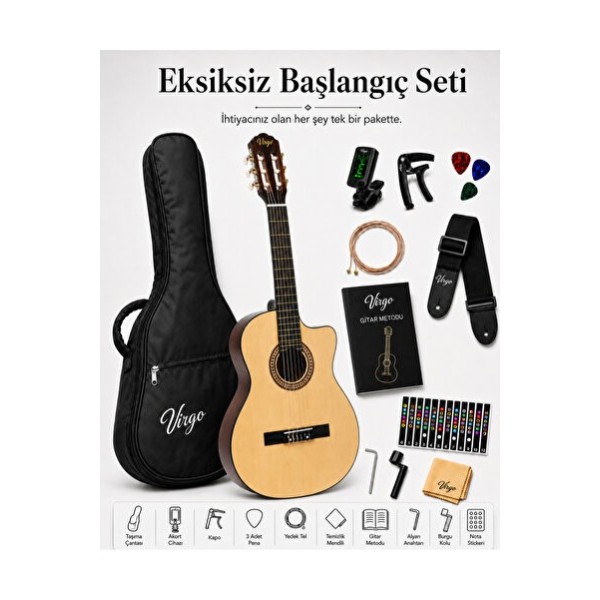 Virgo Desdemona CW-39NT 4/4 Sap Ayarlı Klasik Gitar Full Set - Sarı