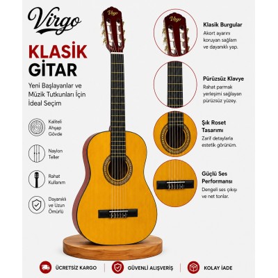 Virgo Desdemona CL-39OR 4/4 Sap Ayarlı Klasik Gitar Full Set - Sarı