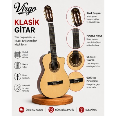 Virgo Desdemona CW-39NT 4/4 Sap Ayarlı Klasik Gitar Full Set - Sarı