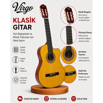 Virgo Desdemona CW-39OR 4/4 Sap Ayarlı Klasik Gitar Full Set - Turuncu