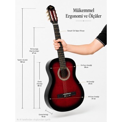 Virgo Desdemona CL-39RDS 4/4 Sap Ayarlı Klasik Gitar Full Set - Kırmızı