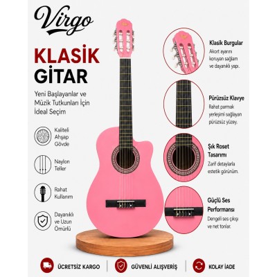 Virgo Desdemona CW-39PK 4/4 Sap Ayarlı Klasik Gitar Full Set - Pembe