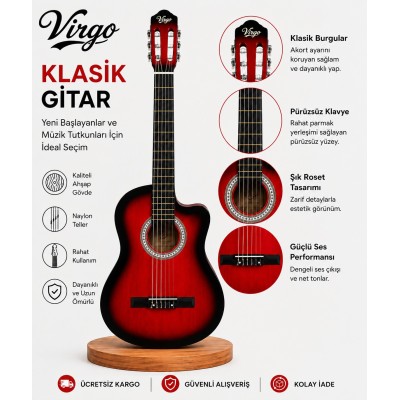 Virgo Desdemona CW-39RDS 4/4 Sap Ayarlı Klasik Gitar Full Set - Kırmızı