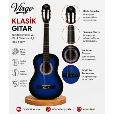 Virgo Desdemona CL-39BLS2 4/4 Sap Ayarlı Klasik Gitar Full Set - Mavi