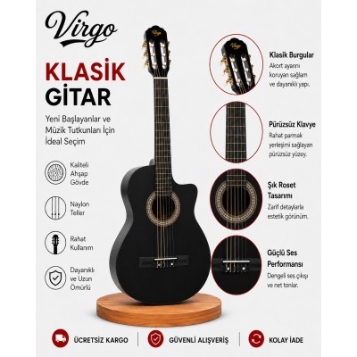 Virgo Desdemona CW-39BK 4/4 Sap Ayarlı Klasik Gitar Full Set - Siyah