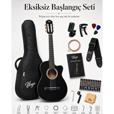 Virgo Desdemona CW-39BK 4/4 Sap Ayarlı Klasik Gitar Full Set - Siyah
