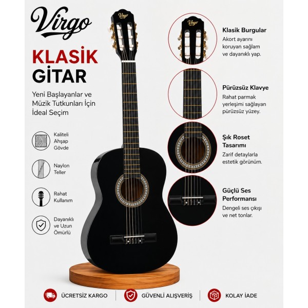 Virgo Desdemona CL-39BK 4/4 Sap Ayarlı Klasik Gitar Full Set - Siyah
