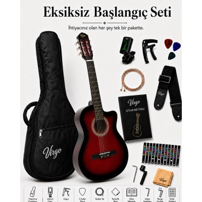 Virgo Desdemona CW-39RDS 4/4 Sap Ayarlı Klasik Gitar Full Set - Kırmızı