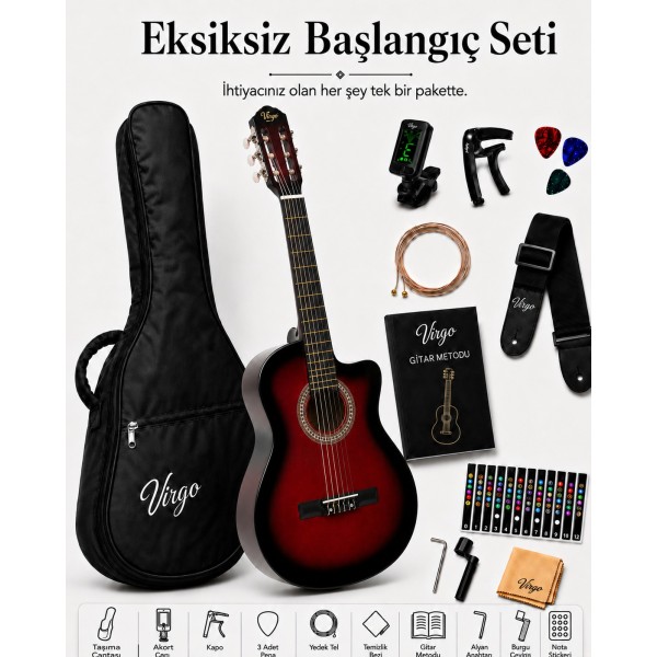 Virgo Desdemona CW-39RDS 4/4 Sap Ayarlı Klasik Gitar Full Set - Kırmızı