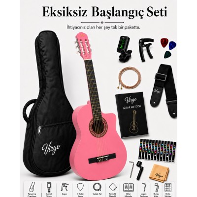 Virgo Desdemona CW-39PK 4/4 Sap Ayarlı Klasik Gitar Full Set - Pembe