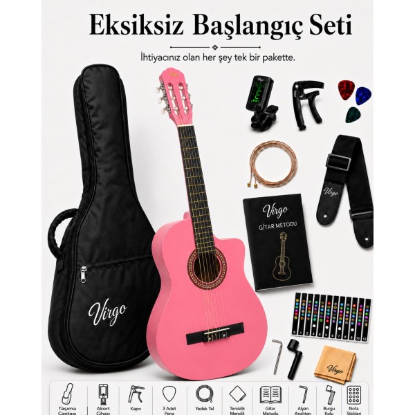 Virgo Desdemona CW-39PK 4/4 Sap Ayarlı Klasik Gitar Full Set - Pembe