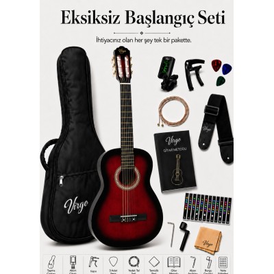 Virgo Desdemona CL-39RDS 4/4 Sap Ayarlı Klasik Gitar Full Set - Kırmızı