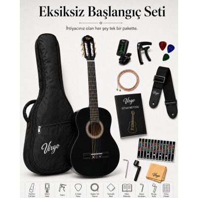 Virgo Desdemona CL-39BK 4/4 Sap Ayarlı Klasik Gitar Full Set - Siyah