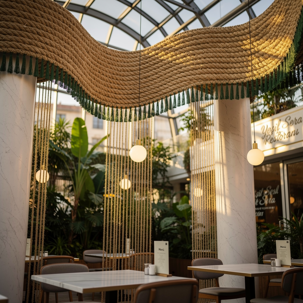 Şehir sera restoranında jüt halat tavan